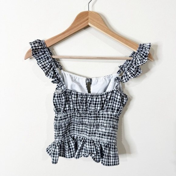 WAYF Black & White Plaid Checkered Ruffle Straps Smocked Peplum Top Size XS - Picture 4 of 6